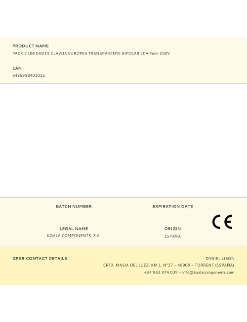 Pack 2 unidades clavija europea transparente bipolar 10a 4mm 250v