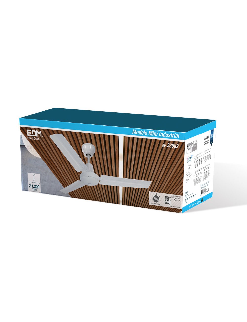 Ventilador de techo modelo mini industrial. color blanco potencia: 60w aspas: ø120cm con controlador de pared edm