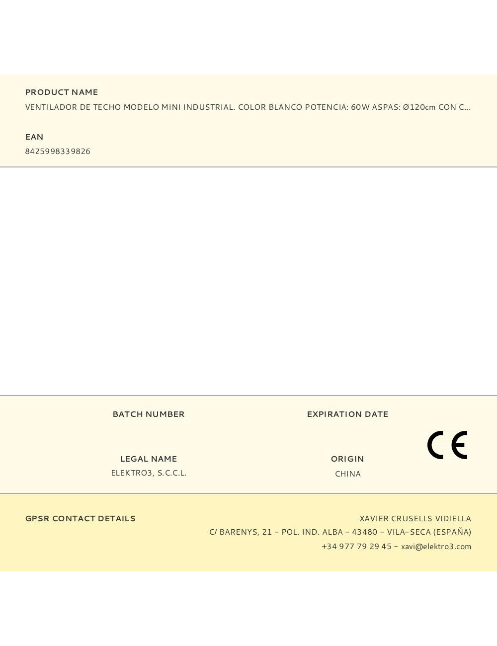 Ventilador de techo modelo mini industrial. color blanco potencia: 60w aspas: ø120cm con controlador de pared edm