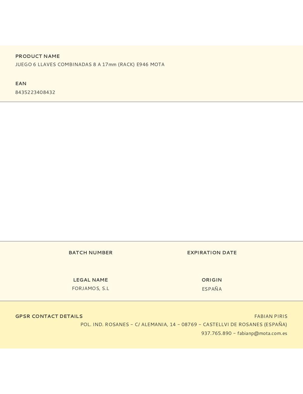 Juego 6 llaves combinadas 8 a 17mm (rack) e946 mota