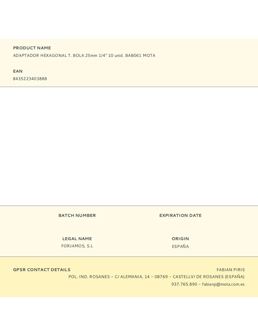 Adaptador hexagonal t. bola 25mm 1/4" 10 unid. bab061 mota