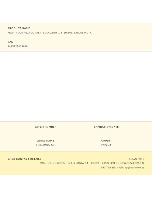 Adaptador hexagonal t. bola 25mm 1/4" 10 unid. bab061 mota
