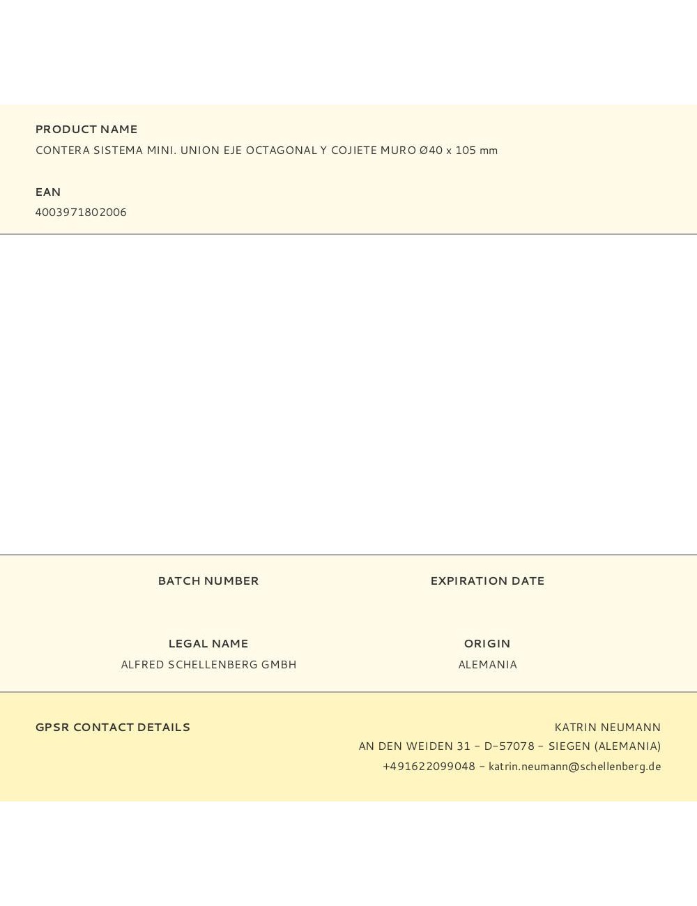 Contera sistema mini. union eje octagonal y cojiete muro ø40 x 105 mm