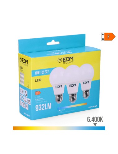 Kit 3 bombillas standard led e27 10 w 932 lm 6400 k luz fria ø6 x 10,8 cm