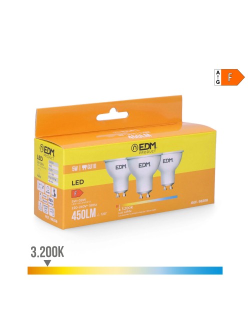 Kit 3 bombillas dicroicas led gu10 5 w 450 lm 3200 k luz calida ø5 x 5,5 cm