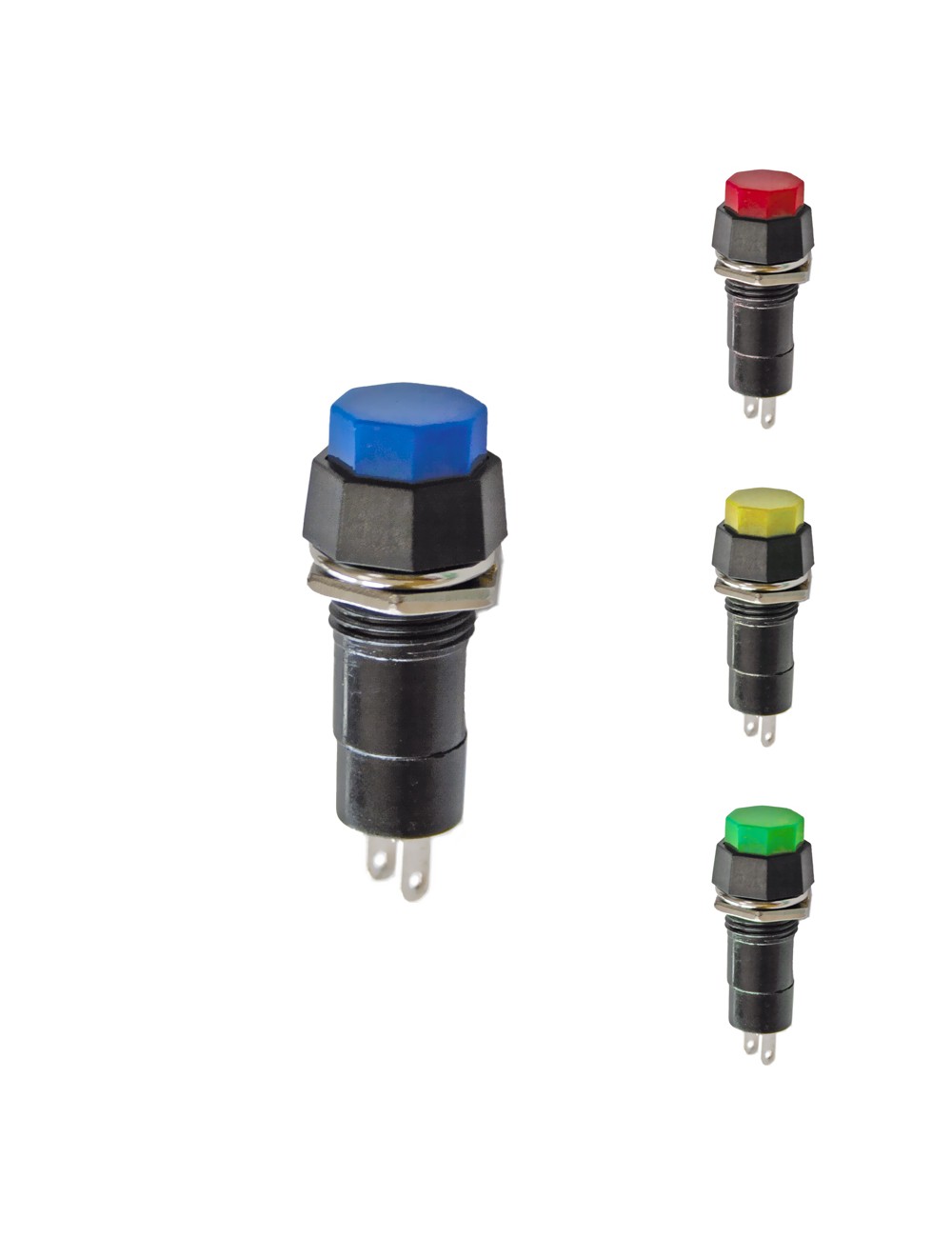 Pulsador base hexagonal 1a 250v, colores surtidos