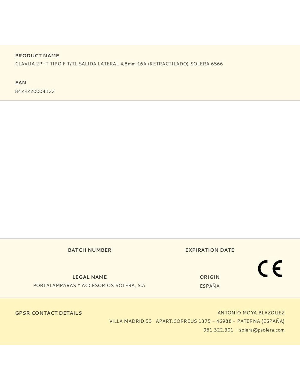 Clavija 2p+t tipo f t/tl salida lateral 4,8mm 16a (retractilado) solera 6566