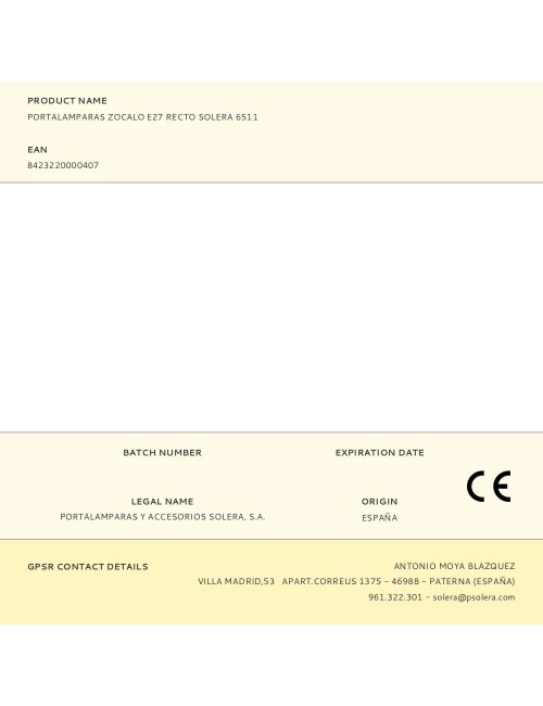 Portalamparas zocalo e27 recto solera 6511