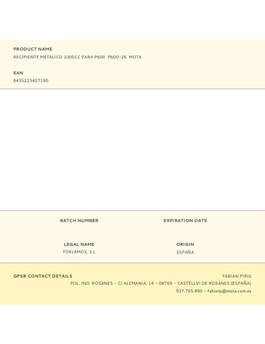 Recipiente metalico 1000cc para p600 p600-26. mota