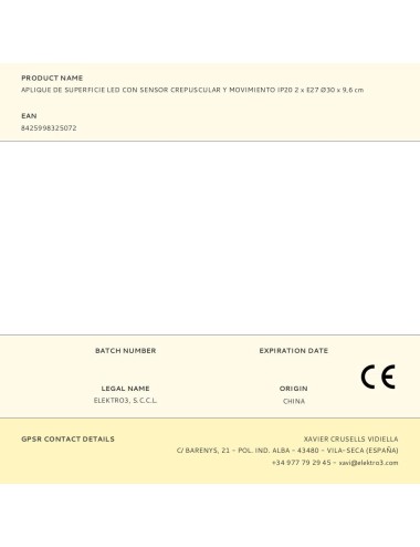 Aplique de superficie led con sensor crepuscular y movimiento ip20 2 x e27 ø30 x 9,6 cm