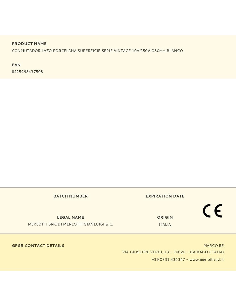 Conmutador lazo porcelana superficie serie vintage 10a 250v ø80mm blanco