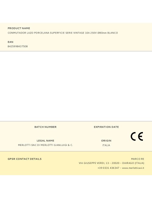 Conmutador lazo porcelana superficie serie vintage 10a 250v ø80mm blanco