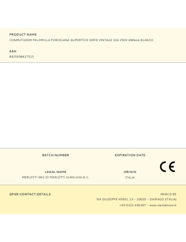 Conmutador palomilla porcelana superfície serie vintage 10a 250v ø80mm blanco