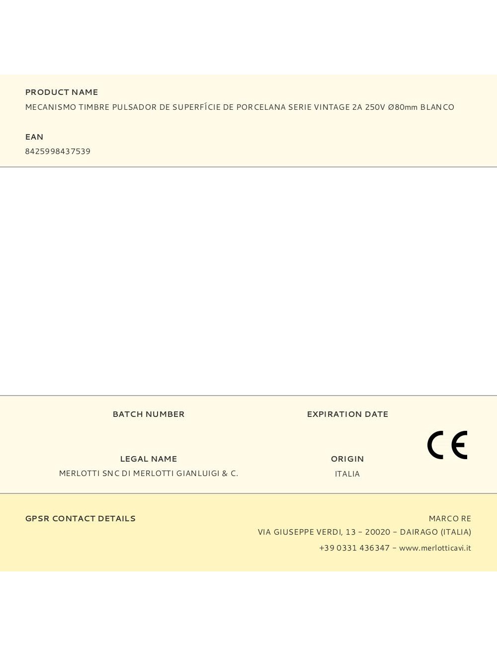 Mecanismo timbre pulsador de superfície de porcelana serie vintage 2a 250v ø80mm blanco