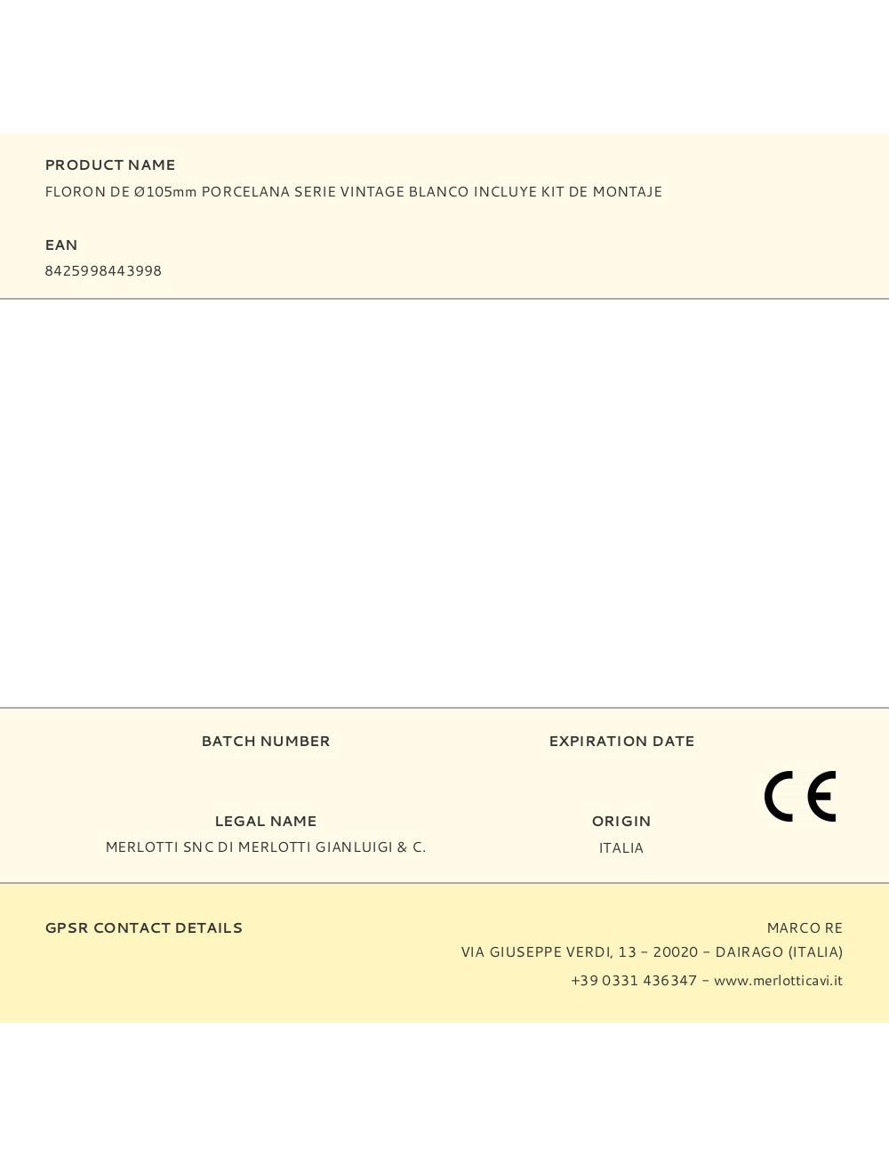 Floron de ø105mm porcelana serie vintage blanco incluye kit de montaje