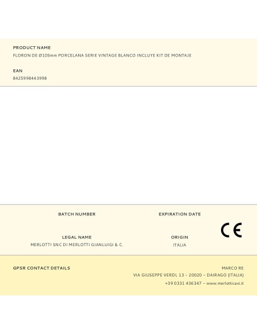 Floron de ø105mm porcelana serie vintage blanco incluye kit de montaje