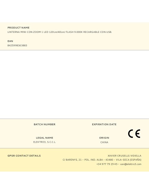 Linterna mini con zoom 1 led 120lm/40lm/ flash 9.000k recargable con usb.