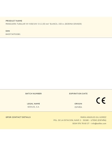 Manguera tubular vv-k06/1kv 3 g 2,50 mm blanca, 150 m. (bobina grande)