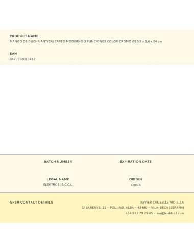 Mango de ducha anticalcareo moderno 3 funciones color cromo ø10,8 x 3,6 x 24 cm