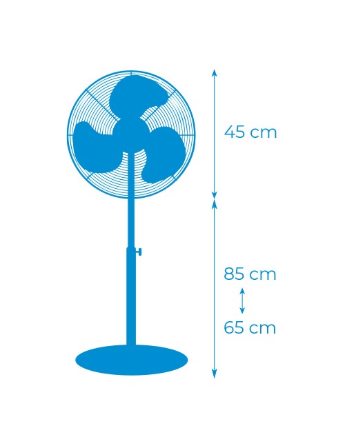 Ventilador de pie base circular, blanco, potencia 45 w 55,6 db aspas ø40 cm, altura regulable 110-130 cm