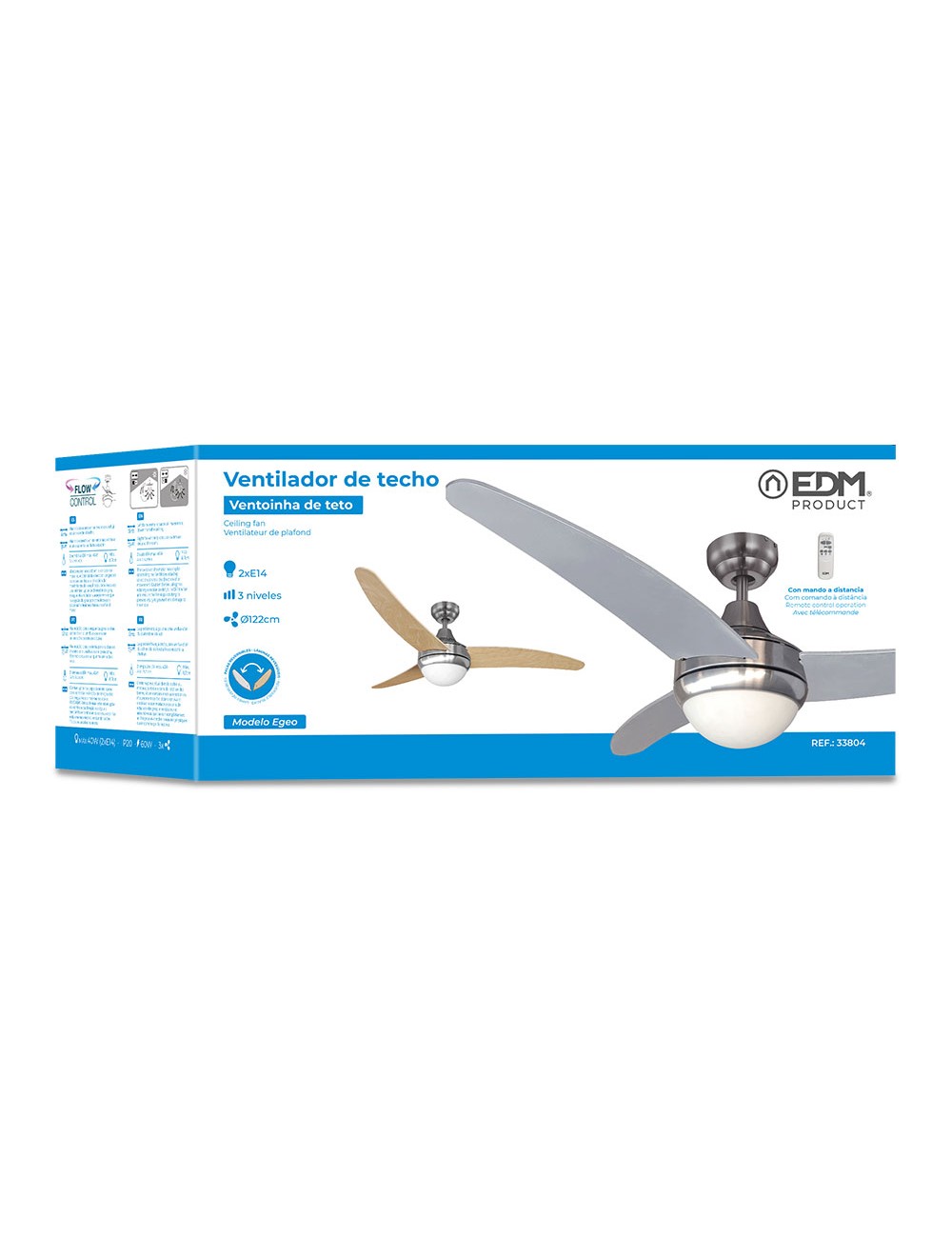 Ventilador de techo modelo egeo. color cromado potencia: 60w aspas: ø122cm con mando a distancia edm
