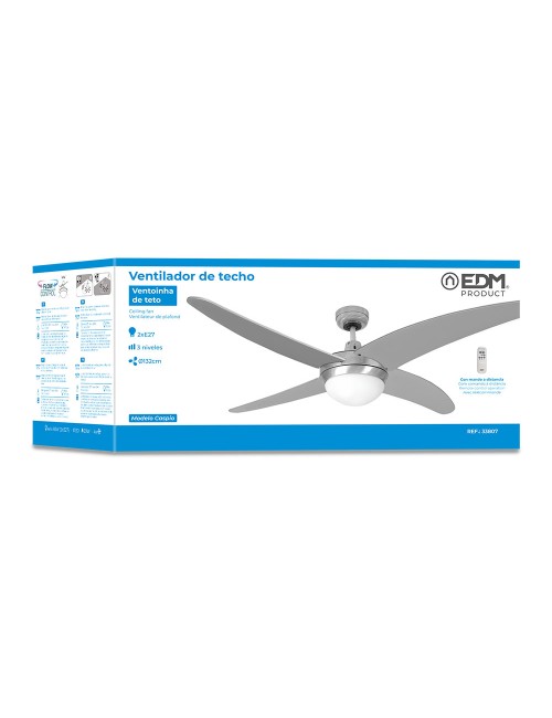 Ventilador de techo modelo caspio. color plateado/niquel. potencia: 60w aspas: ø132cm con mando a distancia edm