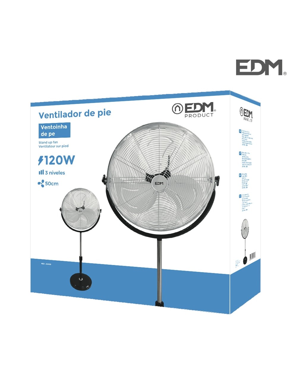 Ventilador de pie industrial base circular, cromado/negro, potencia 120 w 64,9 db aspas ø50 cm, altura regulable 118-148 cm