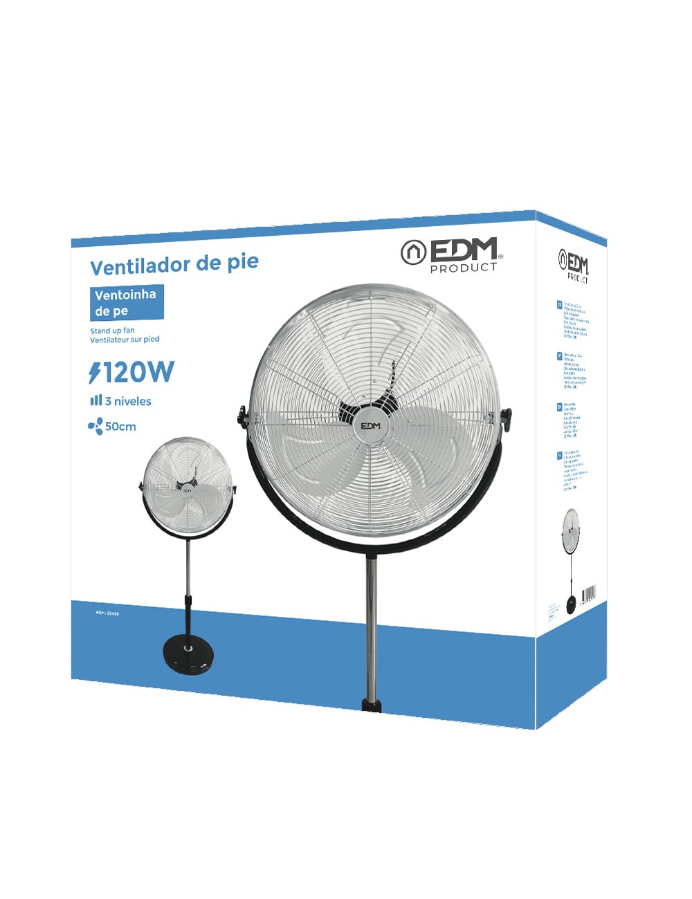 Ventilador de pie industrial base circular, cromado/negro, potencia 120 w 64,9 db aspas ø50 cm, altura regulable 118-148 cm
