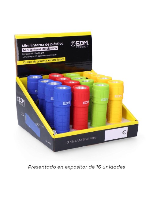 Mini linterna de plástico led cob 60lm 3xaaa (pilas incluidas) colores surtidos