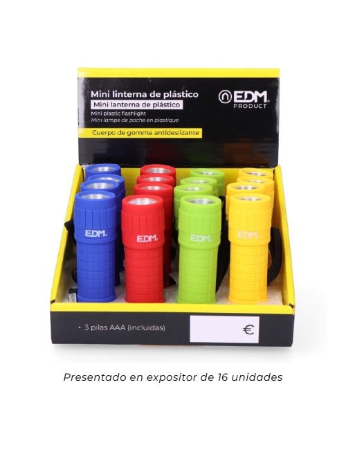 Mini linterna de plástico led cob 60lm 3xaaa (pilas incluidas) colores surtidos