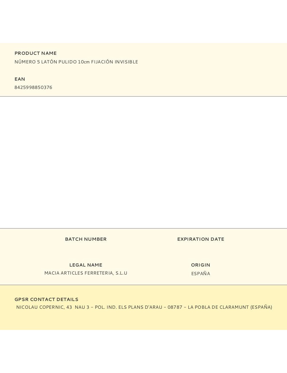 Número 5 latón pulido 10cm fijación invisible