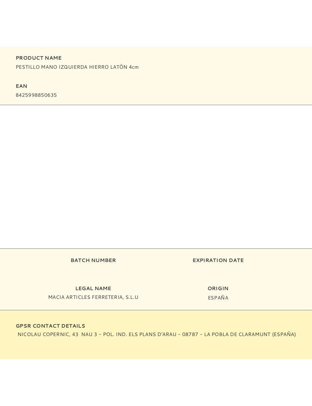 Pestillo mano izquierda hierro latón 4cm