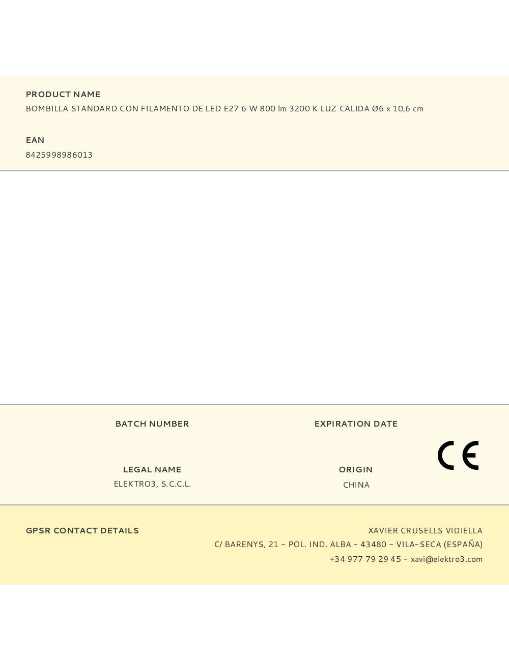 Bombilla standard con filamento de led e27 6 w 800 lm 3200 k luz calida ø6 x 10,6 cm