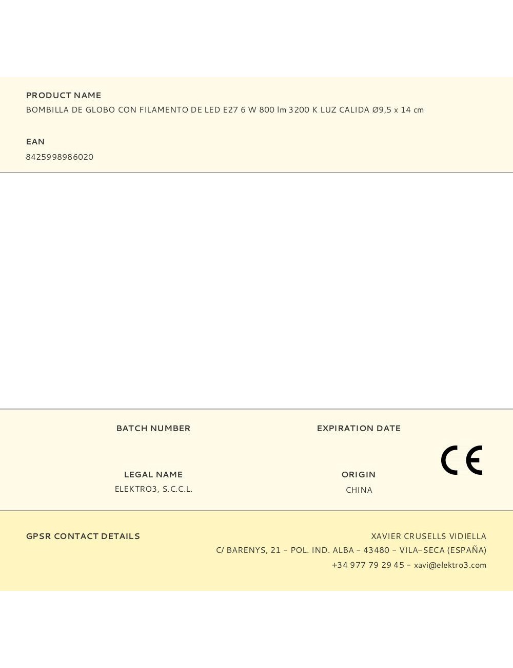 Bombilla de globo con filamento de led e27 6 w 800 lm 3200 k luz calida ø9,5 x 14 cm