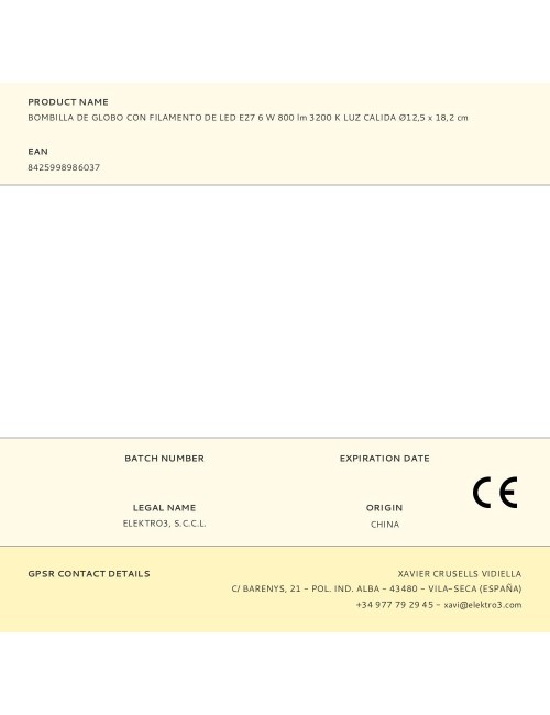 Bombilla de globo con filamento de led e27 6 w 800 lm 3200 k luz calida ø12,5 x 18,2 cm