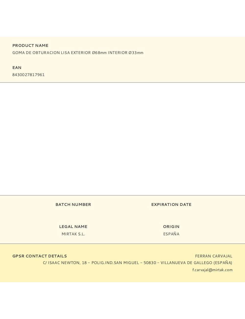 Goma de obturacion lisa exterior ø68mm interior ø33mm