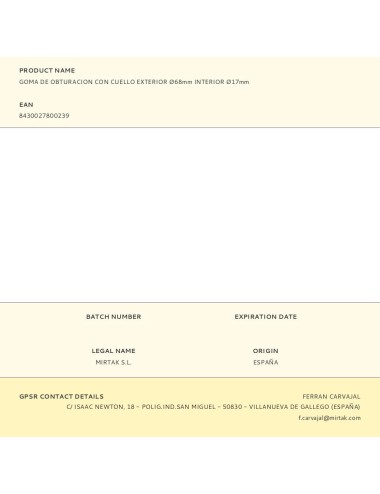 Goma de obturacion con cuello exterior ø68mm interior ø17mm