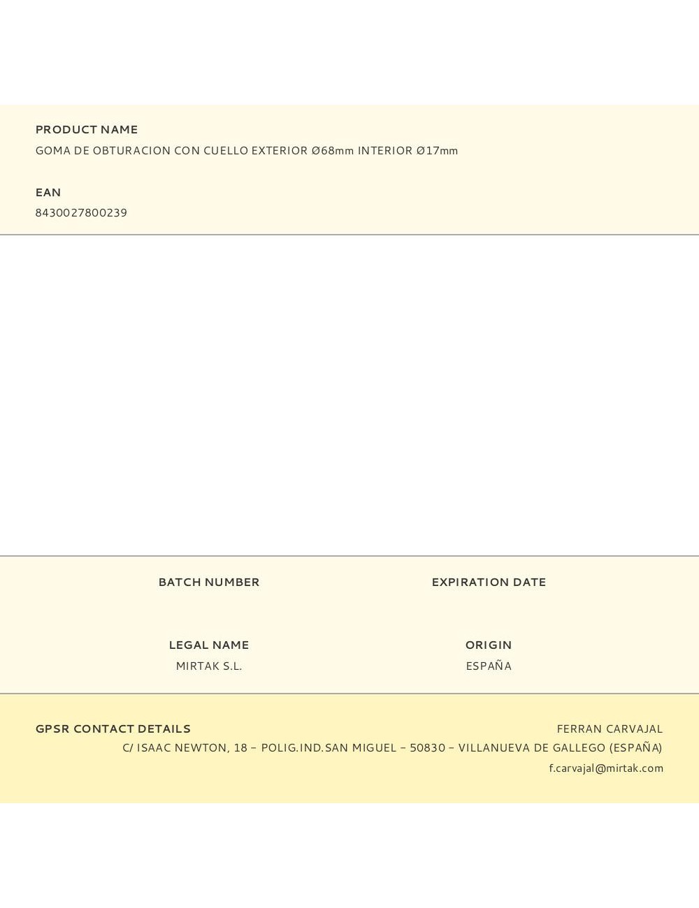 Goma de obturacion con cuello exterior ø68mm interior ø17mm