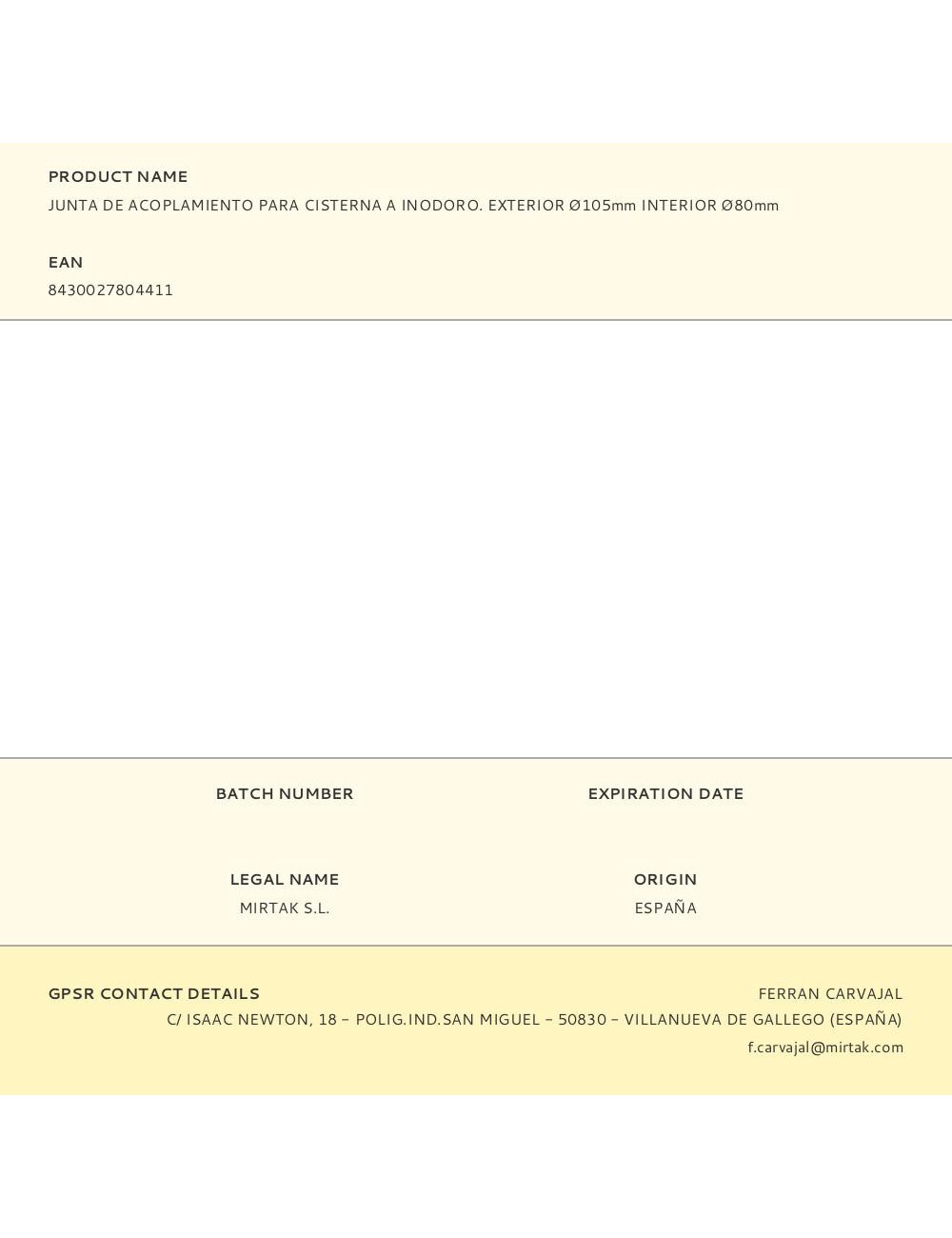 Junta de acoplamiento para cisterna a inodoro. exterior ø105mm interior ø80mm