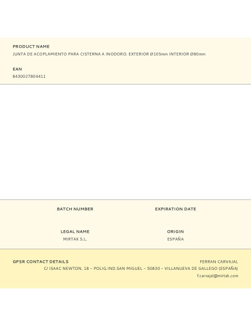 Junta de acoplamiento para cisterna a inodoro. exterior ø105mm interior ø80mm