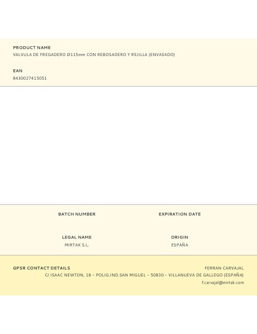 Valvula de fregadero ø115mm con rebosadero y rejilla (envasado)