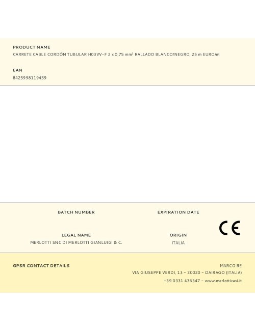 Carrete cable cordón tubular h03vv-f 2 x 0,75 mm rallado blanco/negro, 25 m euro/m