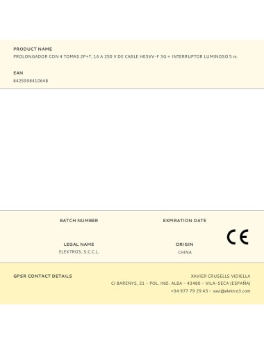 Base múltiple 4 tomas 2p+t con interruptor luminoso, 5 m de cable h05vv-f 3g1,5 mm, blanca