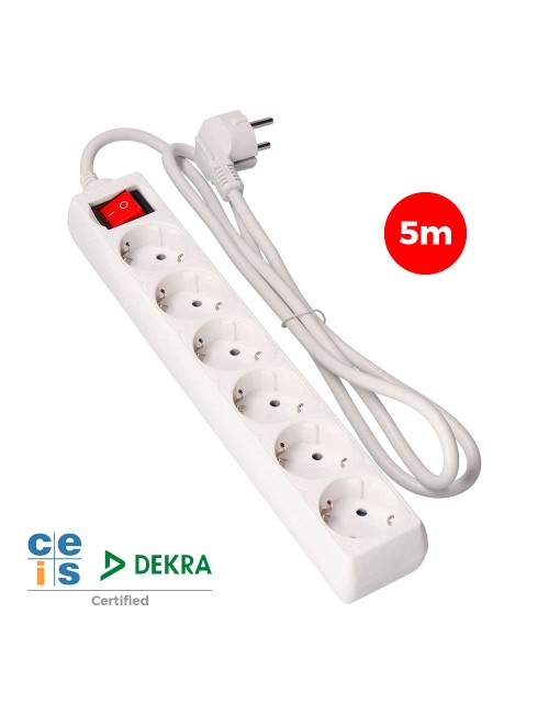 Base múltiple 6 tomas 2p+t con interruptor luminoso, 5 m de cable h05vv-f 3g1,5 mm, blanca