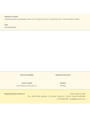 Condensador de arranque mka 7mf 5% 450v ø3,4x7cm con espiga m8 y faston doble konek