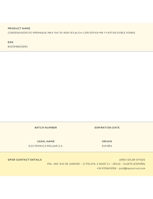 Condensador de arranque mka 7mf 5% 450v ø3,4x7cm con espiga m8 y faston doble konek