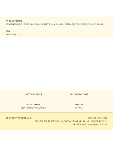 Condensador de arranque 1,5mf 5% 450v ø3,4x6,3cm con espiga m8 y faston simple 6.35 konek