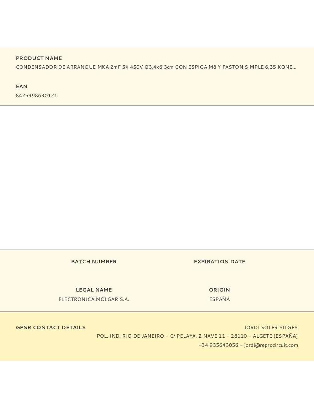 Condensador de arranque mka 2mf 5% 450v ø3,4x6,3cm con espiga m8 y faston simple 6,35 konek
