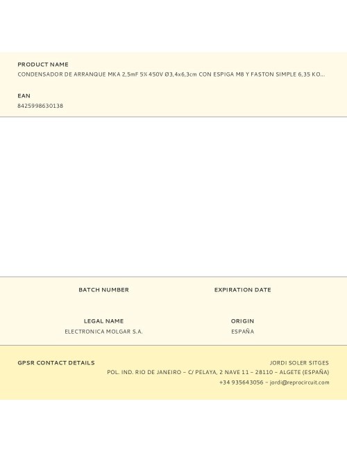 Condensador de arranque mka 2,5mf 5% 450v ø3,4x6,3cm con espiga m8 y faston simple 6,35 konek