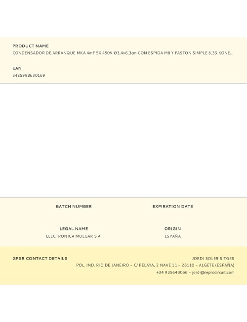 Condensador de arranque mka 4mf 5% 450v ø3,4x6,3cm con espiga m8 y faston simple 6,35 konek